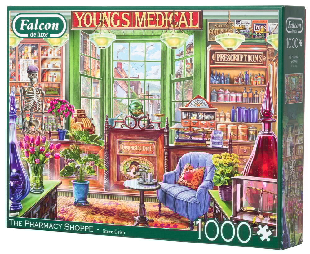 Färgglad pusselkartong med apoteksmotiv och 1000 bitar.