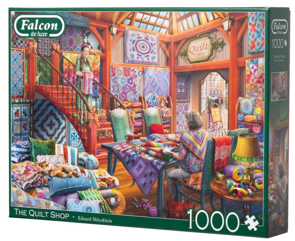 Färgglad pussellåda med detaljrik sybutik illustration.