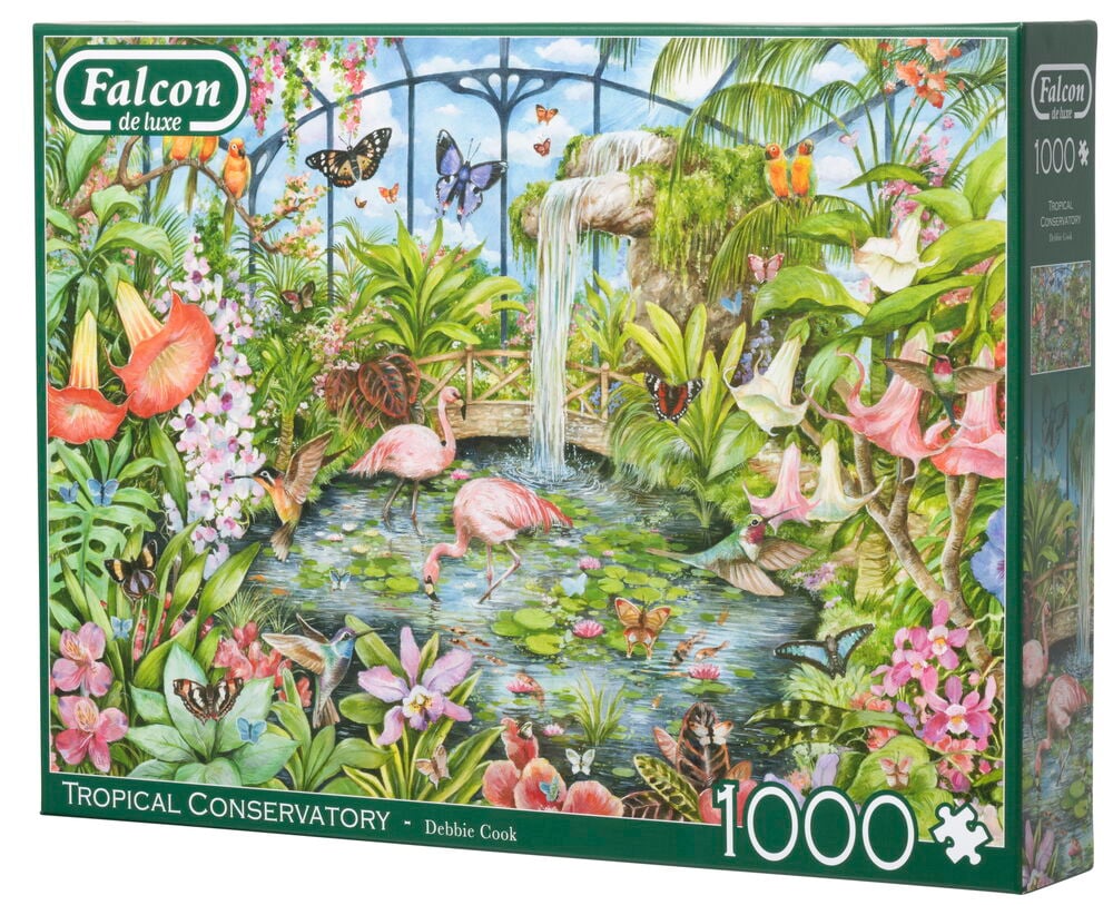 Pusselask med tropiskt växthusmotiv och flamingos.