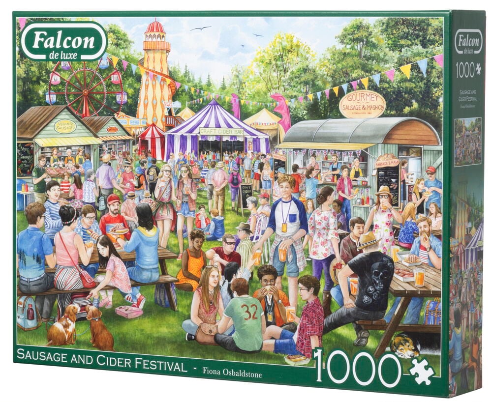 Färgglatt pussel med festivalmotiv och många människor.