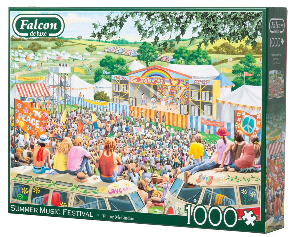 Pusselask med motiv av musikfestival utomhus.