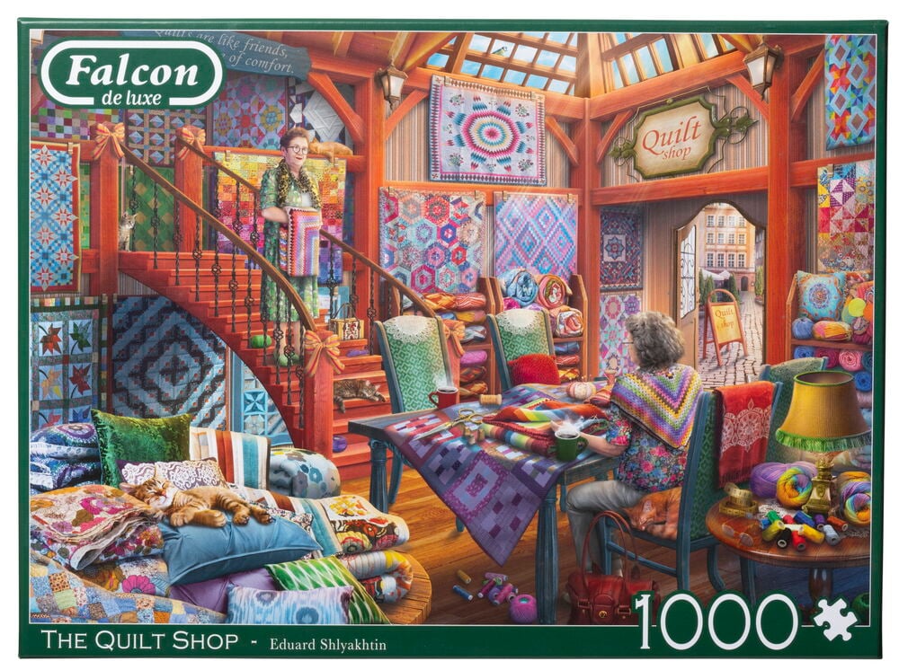 Pussel med färgglad sybutik och kvinnor som syr.