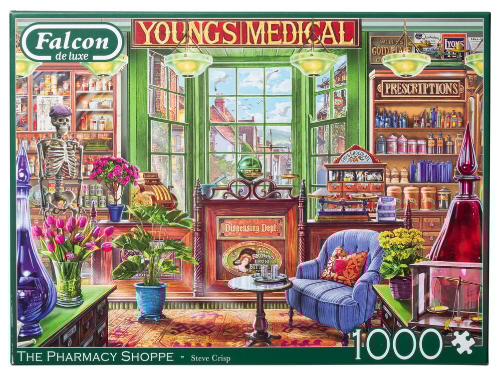 Färgglatt pussel med apoteksmotiv och många detaljer.