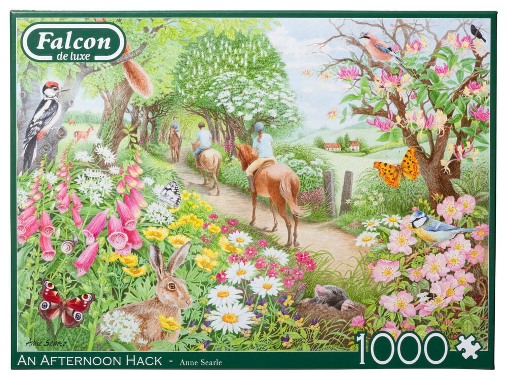 Färgglatt pussel med hästar, blommor och smådjur.