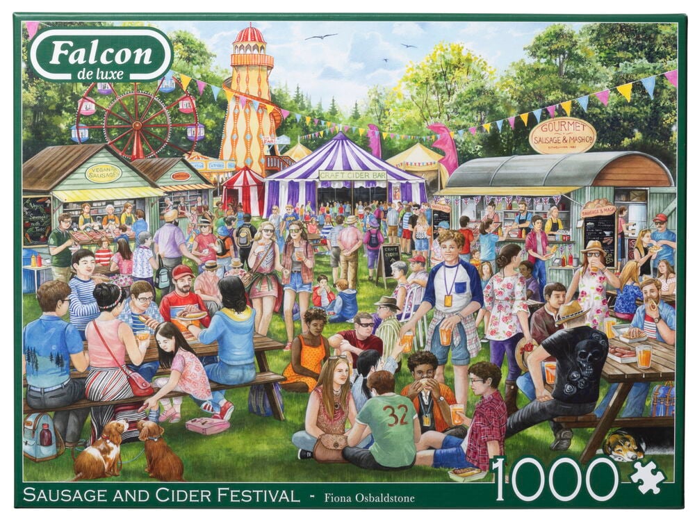 Målat pusselmotiv med folkfest och matstånd utomhus.