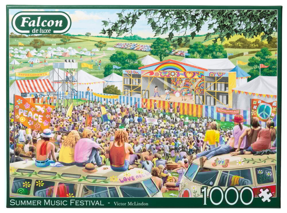 Färgglatt pussel med sommarfestival och musikscen utomhus.