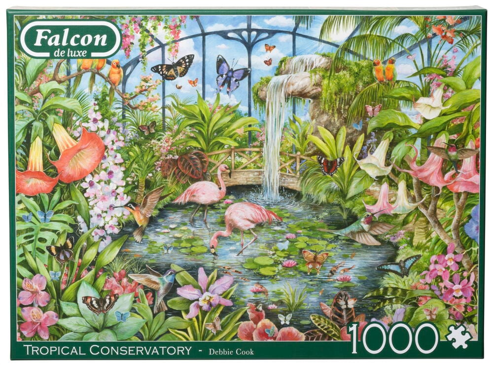 Illustrerat pussel med flamingos, fjärilar och tropiska växter.