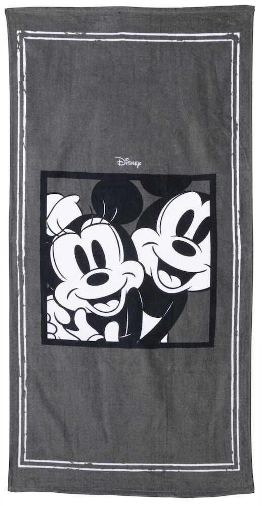Schwarz-weißes Strandhandtuch mit Micky und Minnie Maus.