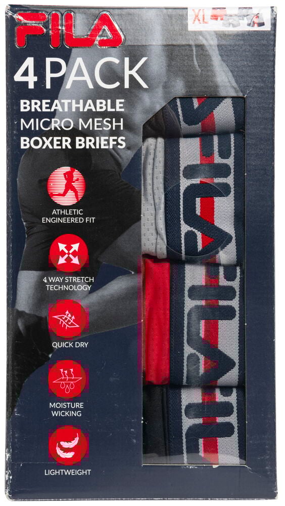 Neljä värikkäitä mesh-boksereita sisältävä pakkaus.