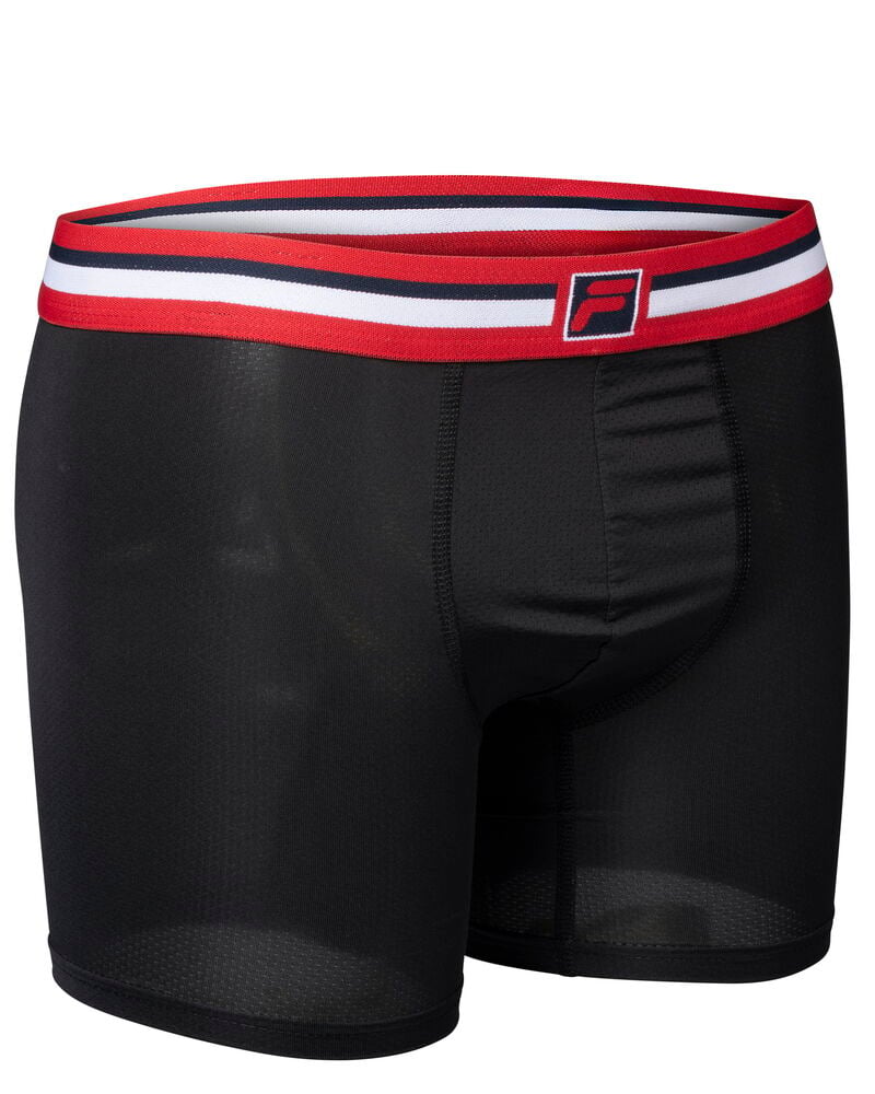 Mustat bokserishortsit punavalkoisella vyötärönauhalla ja logolla.