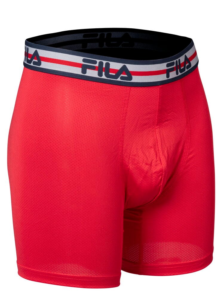 Punaiset bokserit, joissa on joustava vyötärönauha ja logo.