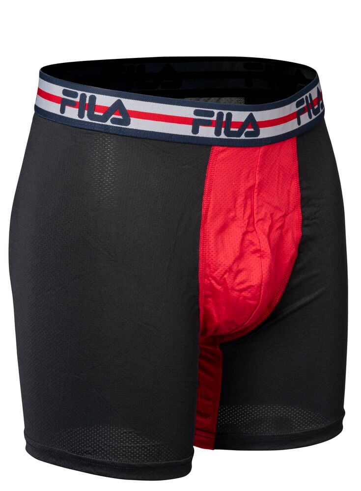 Mustat bokserit, joissa on punainen etuosa ja FILA-logo.