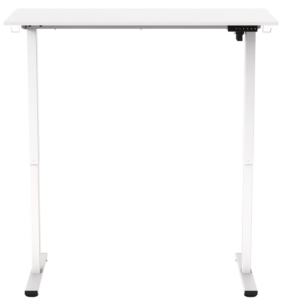 Vitt elektriskt höj och sänkbart skrivbord framifrån.