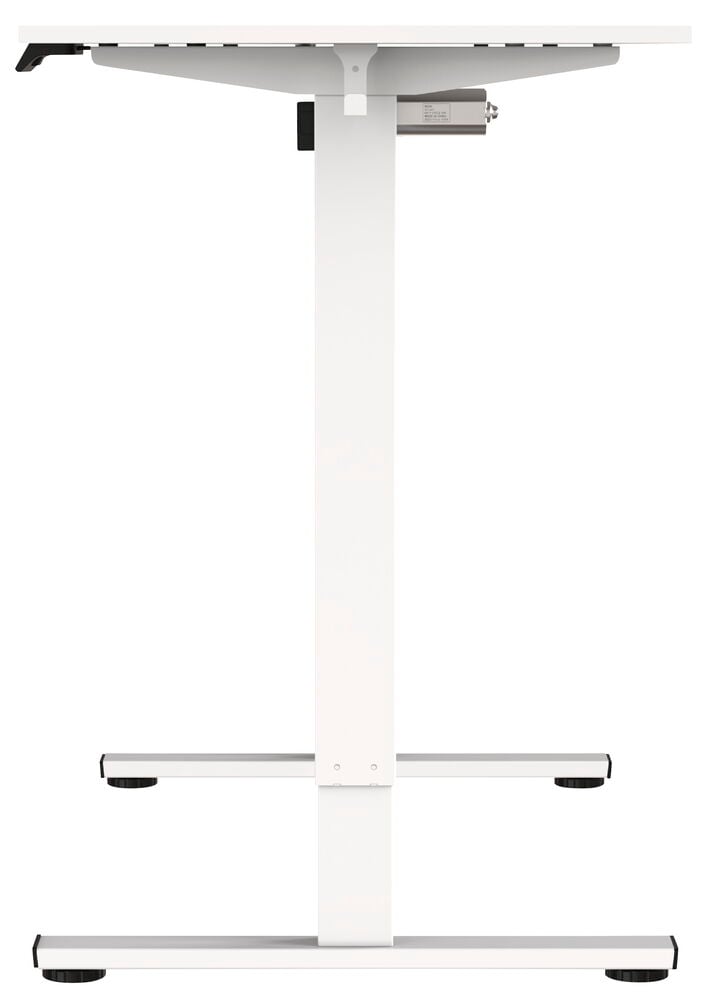 Vitt höj och sänkbart skrivbord med T-stativ.