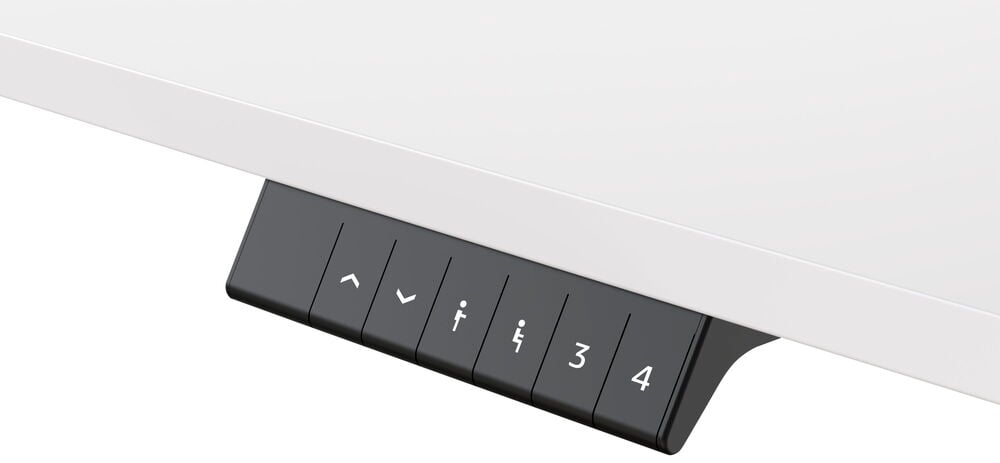 Svart handkontroll monterad under vitt skrivbord.