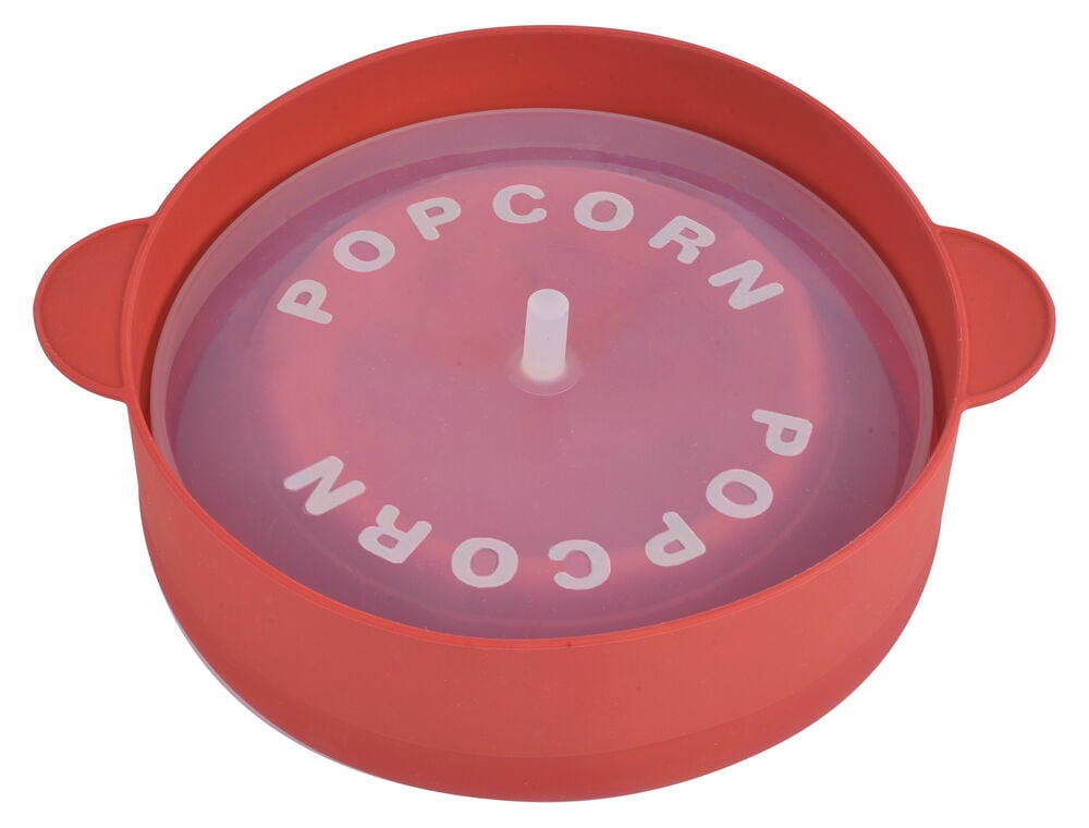 Röd silikon popcornskål med lock och handtag.