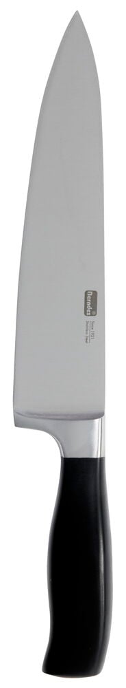 Kockkniv med svart handtag och blankt blad.