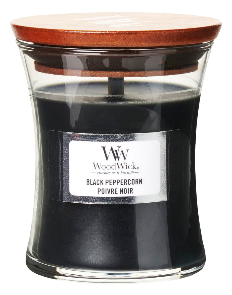 Svart duftlys i glasskrukke med trelokk.