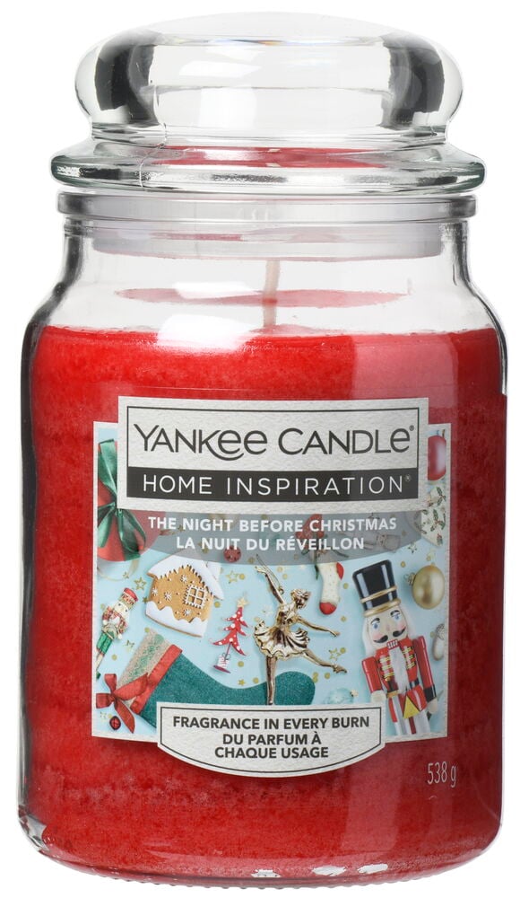 Großes rotes Duftkerzenglas mit Weihnachtsmotiv und Glasdeckel.