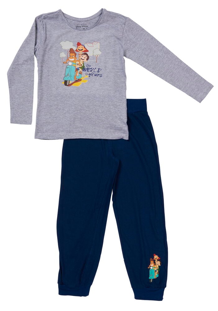 Grauer langärmeliger Pyjama mit Kindermotiv oben und Hose.