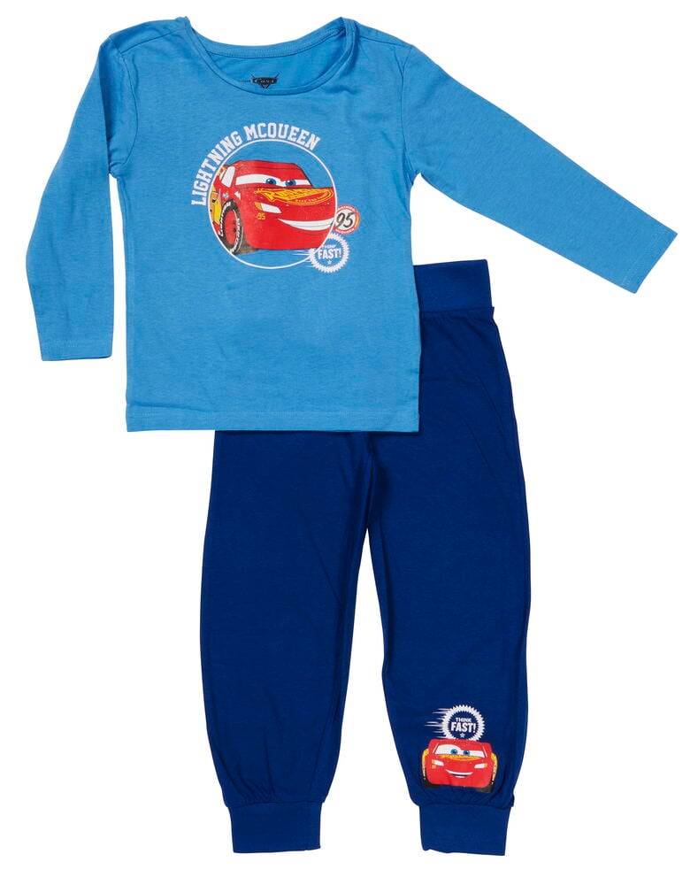 Blaue Kinderpyjama mit Cars Lightning McQueen Motiv.
