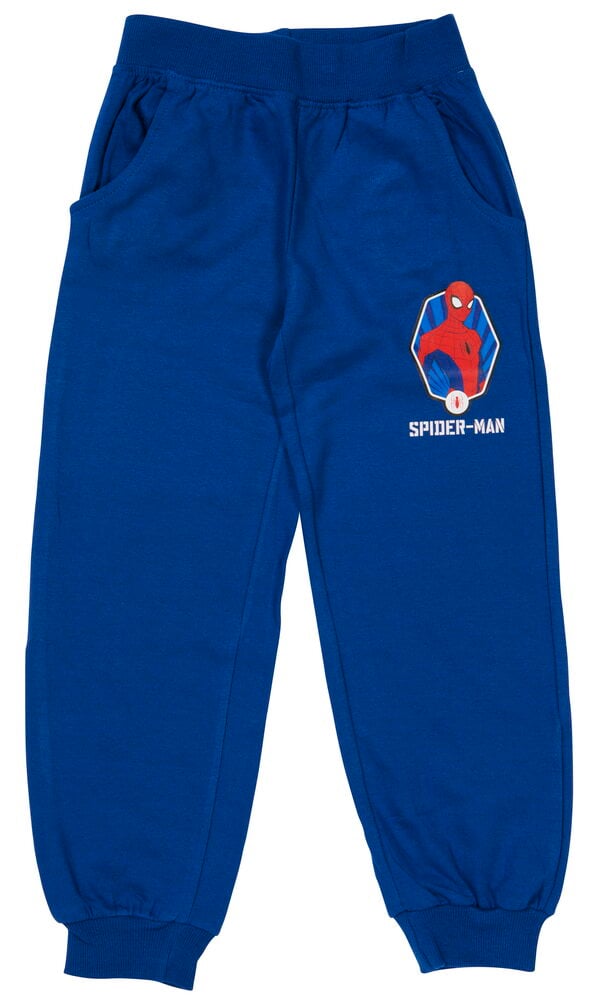 Blaue Kinderhose mit Spiderman-Motiv und Seitentaschen.