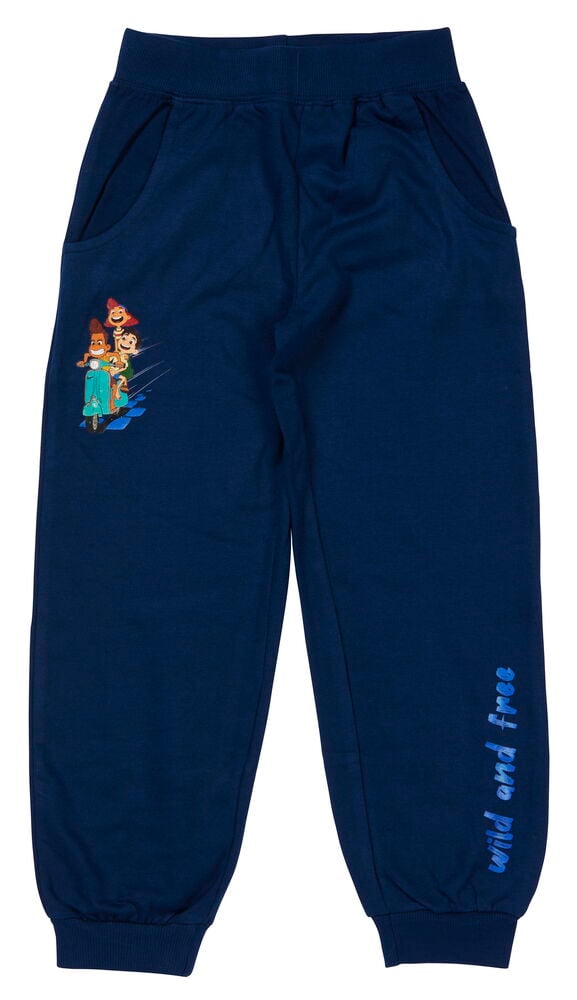 Dunkelblaue Kinderhosen mit bunten Charakteren auf der Vorderseite.