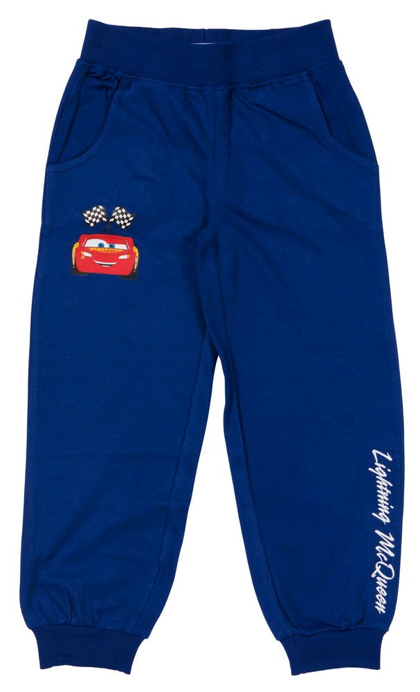 Blaue Jogginghosen für Kinder mit Cars-Motiv und Taschen.