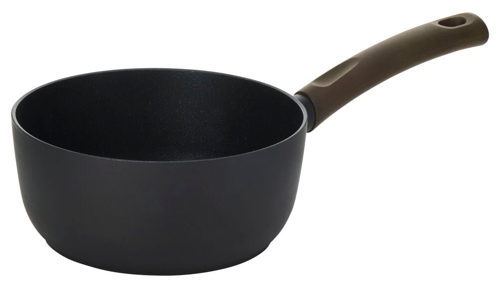 Musta kattila ruskealla kahvalla, non-stick-pinnoite.
