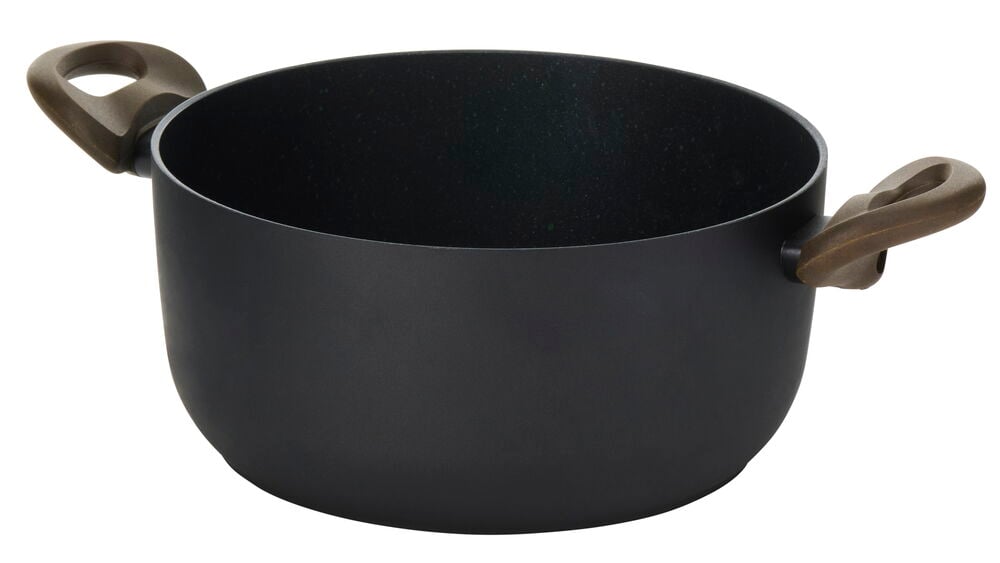 Schwarzer Topf mit zwei braunen Griffen.