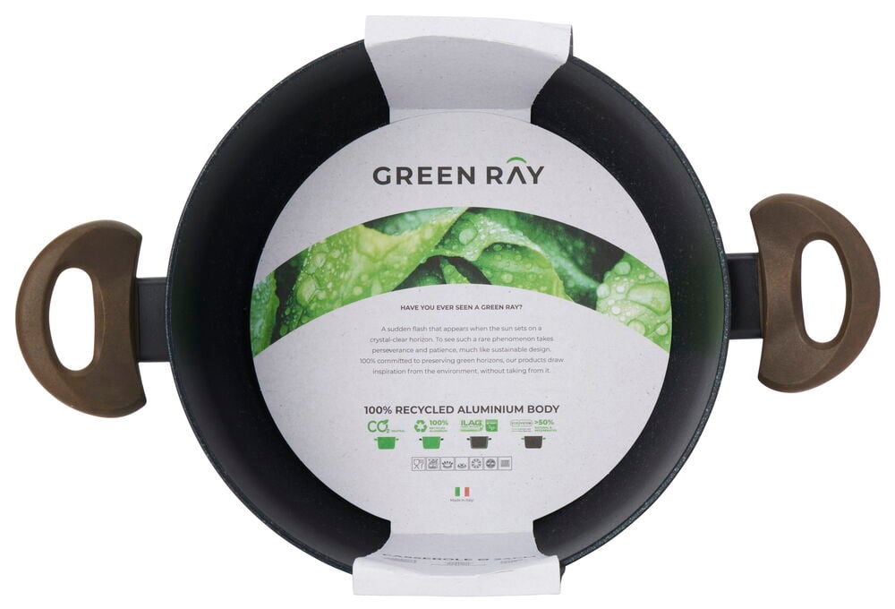 Schwarzer Topf mit braunen Griffen und Etikett.