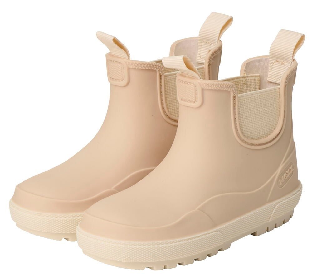 Beige gummistøvler for barn med strikk og hemper.