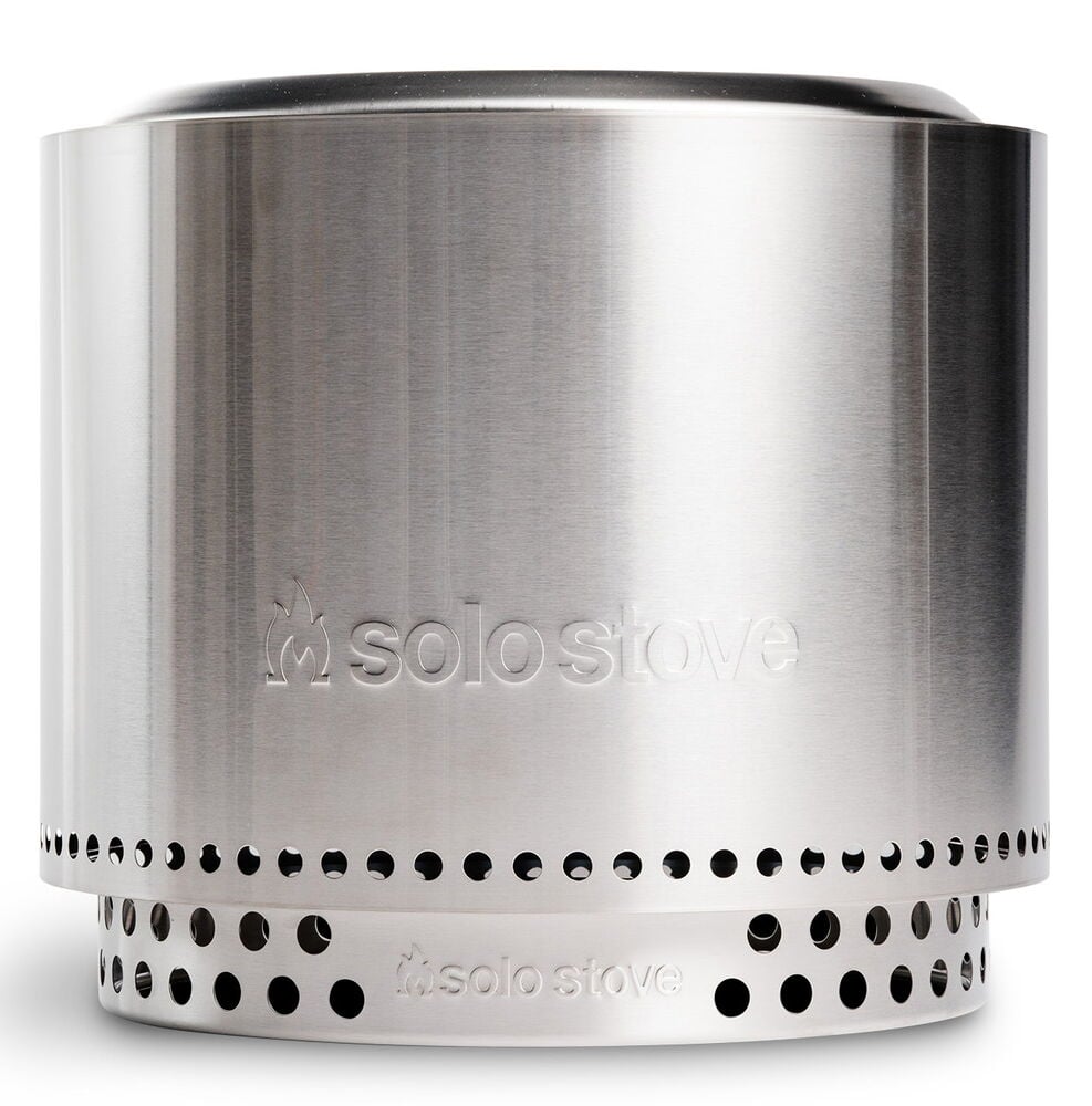 Rund eldstad i rostfritt stål för utomhusbruk.