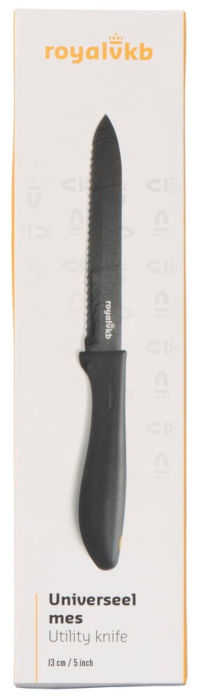 Kaikkinveitsi sahalaitaisella terällä ja mustalla kahvalla.