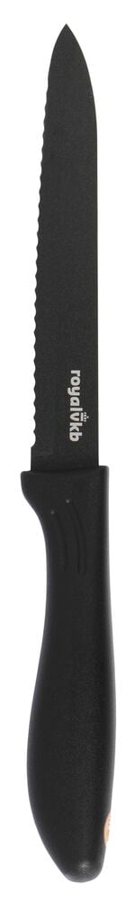 Musta yleisveitsi, jossa on sahalaitainen 13 cm terä.