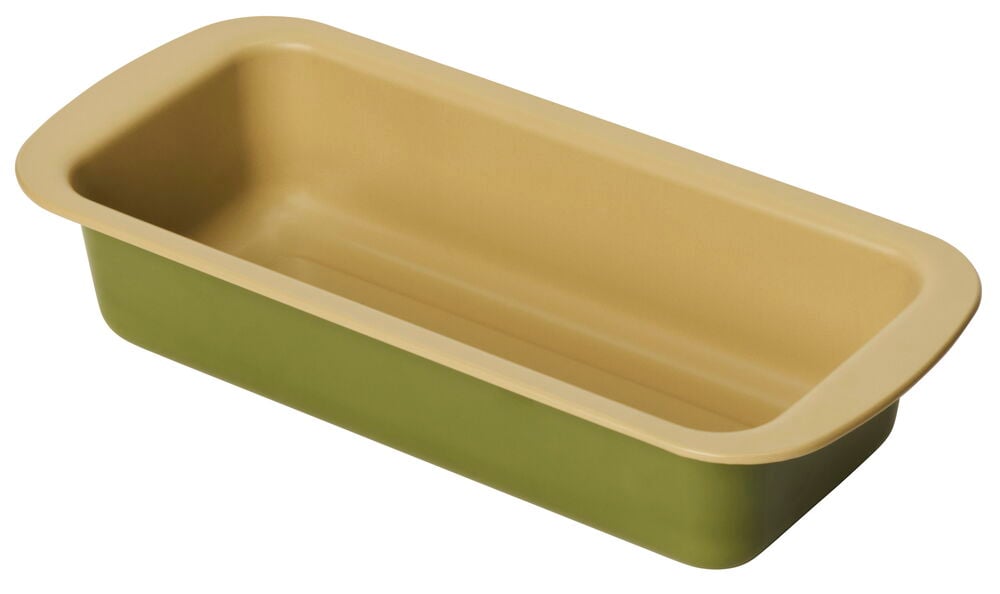 Rektangulär brödform med grön utsida och beige insida.