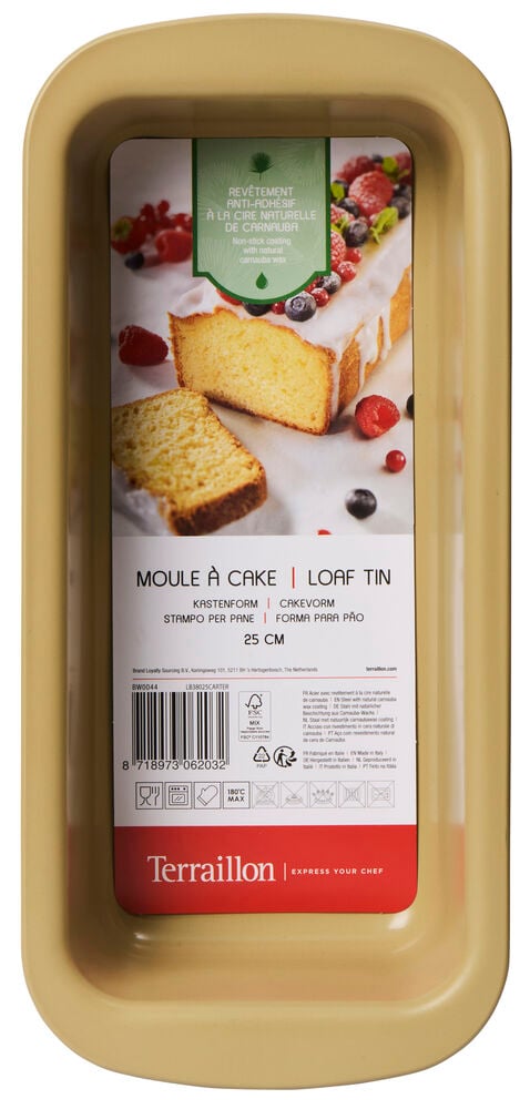 Suorakulmainen beige leipävuoka, jonka sisällä on tuote-etiketti.