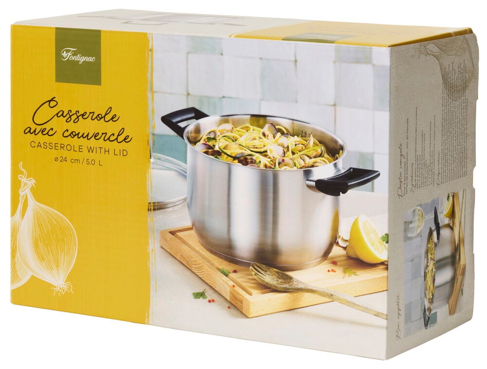 Gryta i rostfritt stål med svarta handtag.