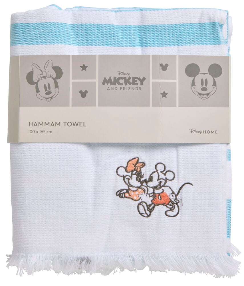 Painotettu hammam-pyyhe, jossa on brodeerattu Mikki ja Minni.