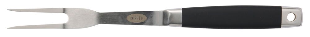 Grillgaffel i rostfritt stål med svart handtag.