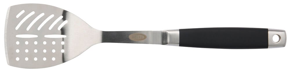 Grillspade i rostfritt stål med svart handtag.