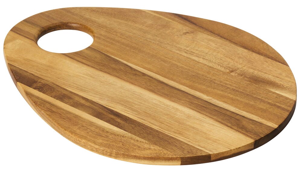 Ovale Servierplatte aus Akazienholz mit Griffloch.