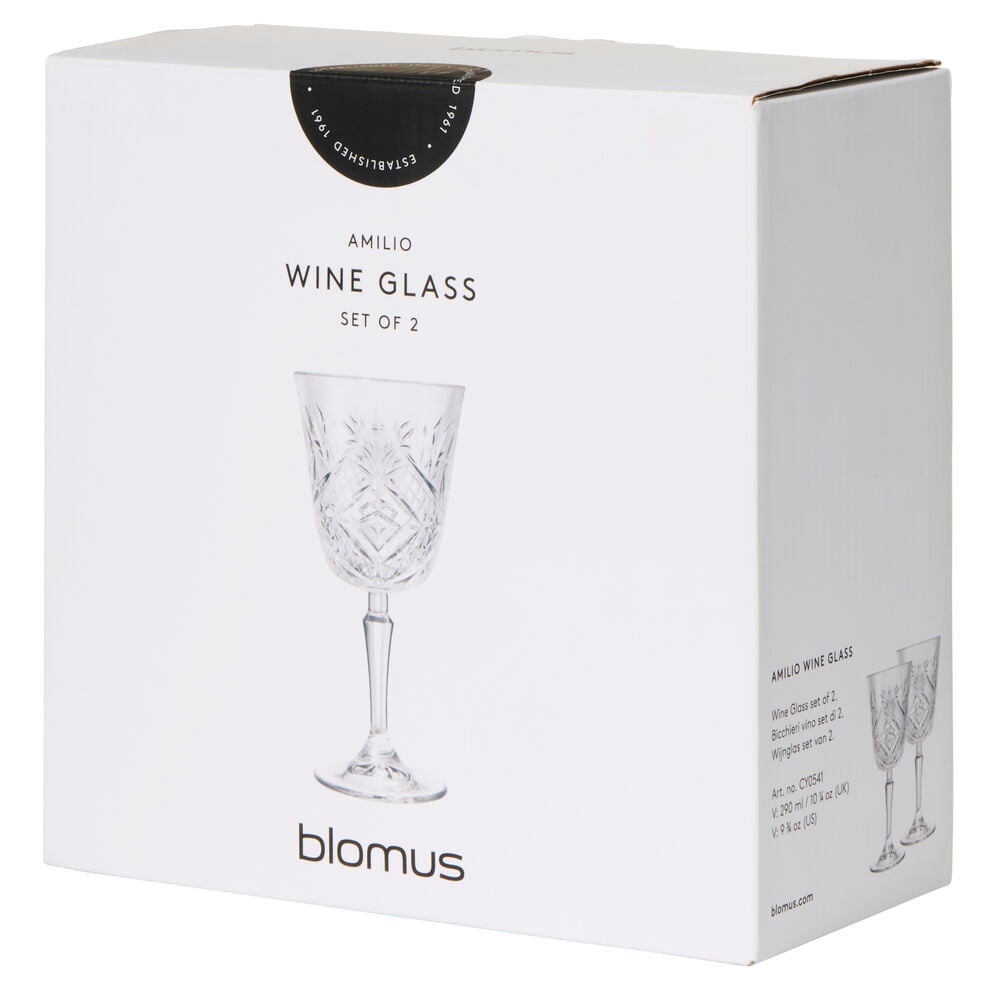 Förpackning med två eleganta vinglas från Blomus.