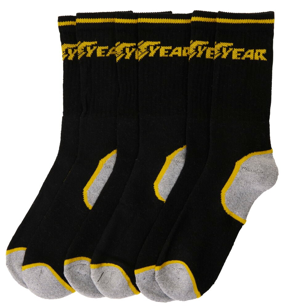 Tre par svarta arbetsstrumpor med grå och gul detalj.