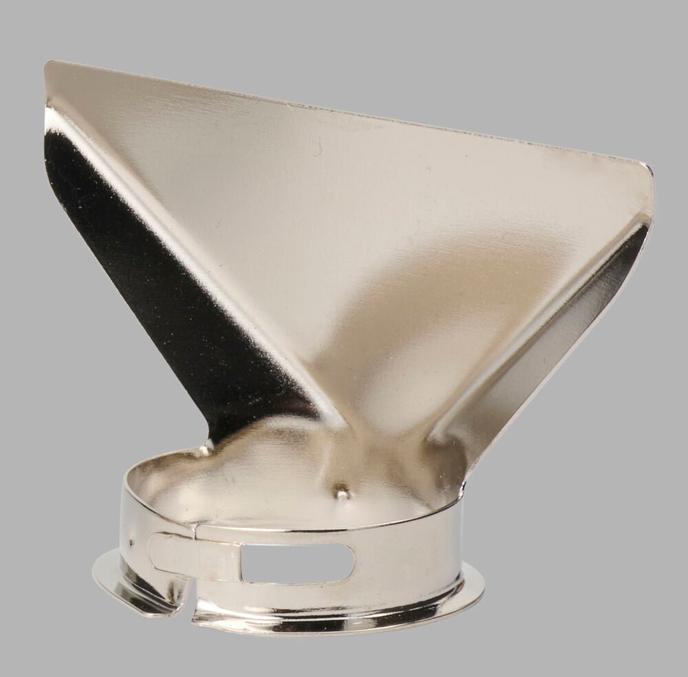 Silverfärgat trattformat metallmunstycke för elektrisk ogräsbrännare, med bred öppning och slitsad bas.