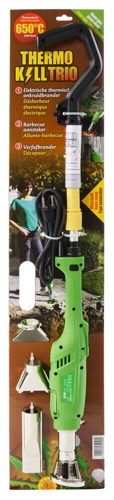 Elektrisk ogräsbrännare Thermokill Trio BSI 2000 W, grön och svart, med flera silvermunstycken och nätsladd.