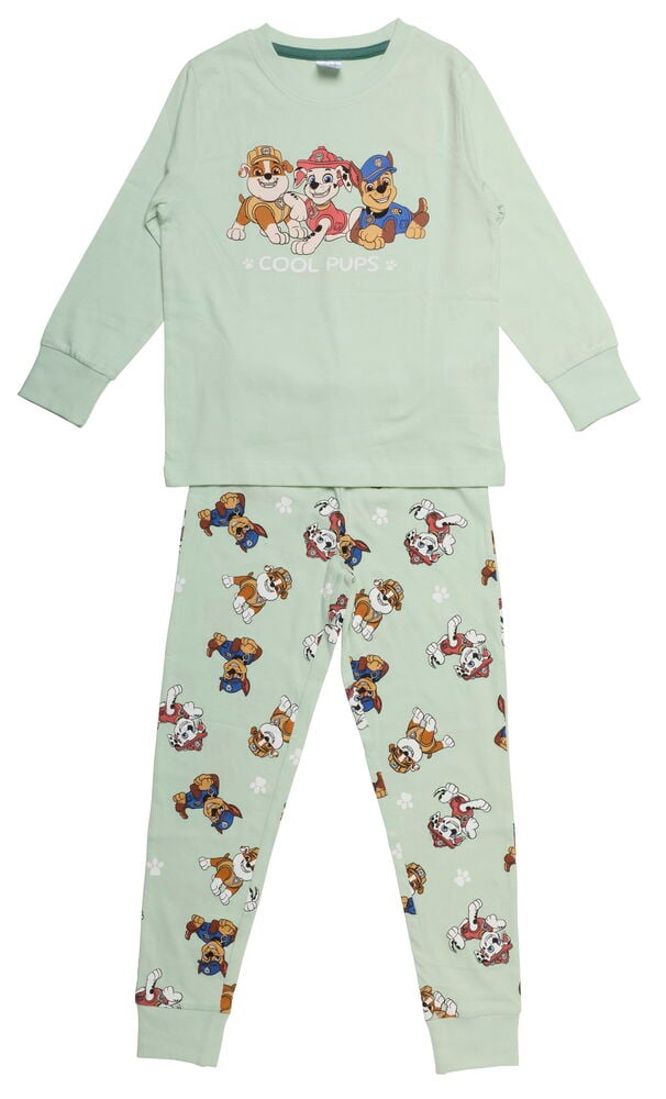 Ein hellgrünes Kinder-Pyjama-Set mit langärmligem Paw Patrol-Oberteil und passender gemusterter Hose.