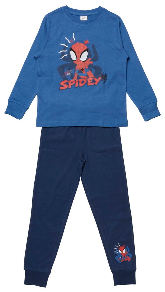 Blaues Spidey-Grafik-Langarmshirt und dunkelblaue Jogginghose mit Spidey-Grafik für Kinder.