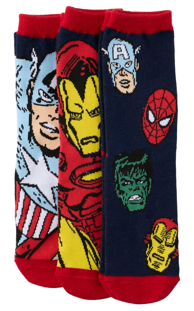 Strümpfe Kinder 3 er-Pack in Dunkelblau mit roten Bündchen und Marvel-Superheldenmustern, einschließlich Captain America, Iron Man, Spider-Man und Hulk.