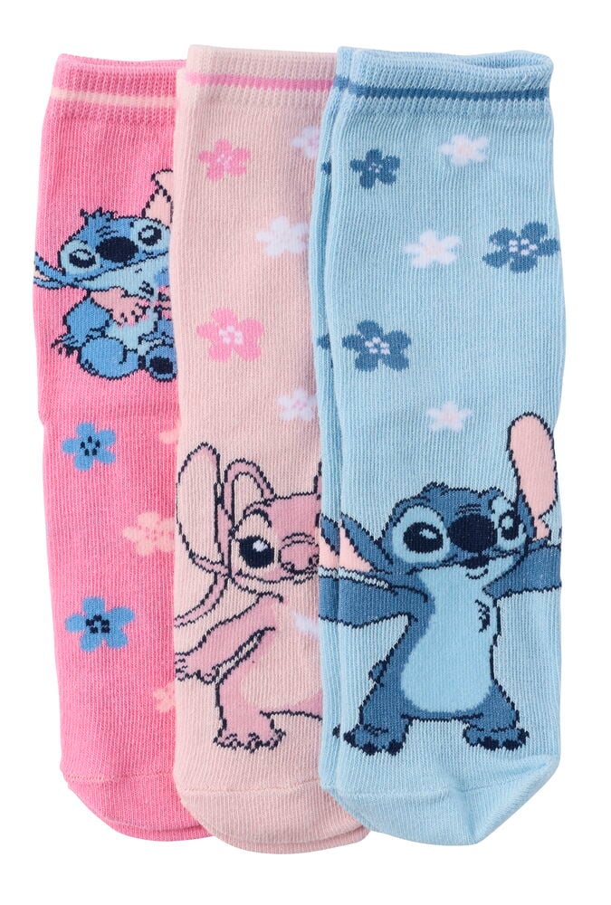 Strümpfe Kinder 3 er-Pack: rosa, hellrosa und hellblaue Socken mit Stitch, Angel und Blumenmustern.